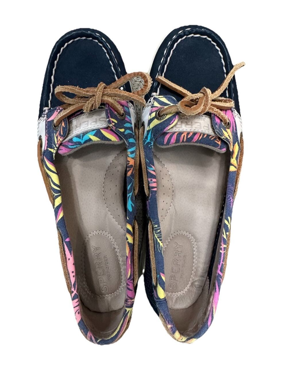 Sperry Leather Boat Shoes Navy Floral Multicolor Lace-Up Round Toe US 6.5M